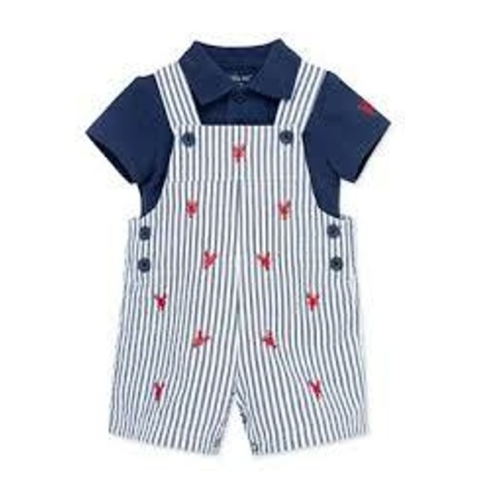 Little Me Shortall Set Baby‎ Boy 3M Blue White Striped Lobster Nautical Outfit